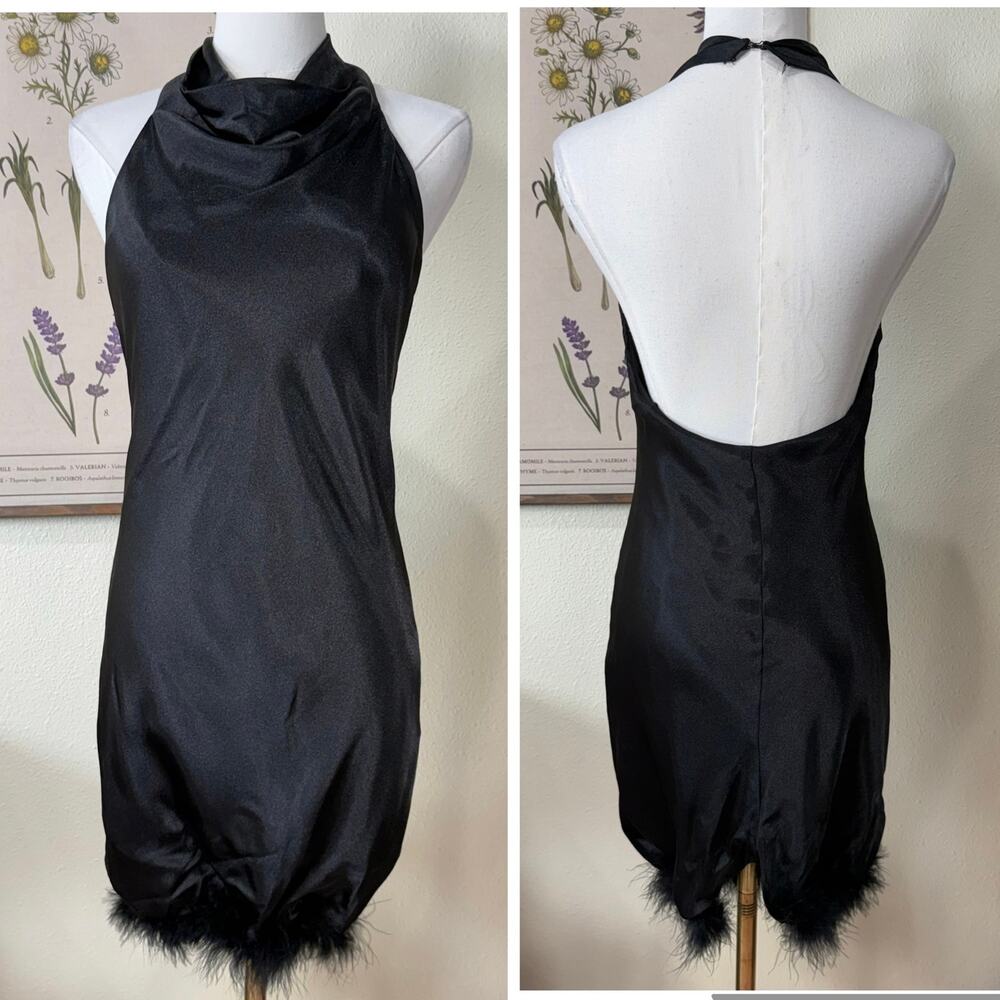 90s Y2k Morgan Co Feather Backless Halter Dress Sexy Vamp Glam Old Hollywood 3
